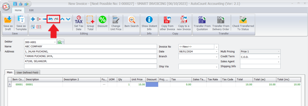 Creating New Invoices Screen On the Redo And Undo System
