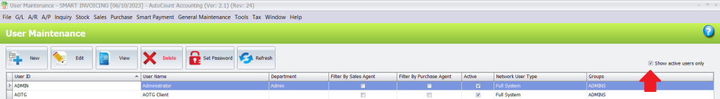 User Maintenance Screen - Smart Invoicing Autocount Accounting