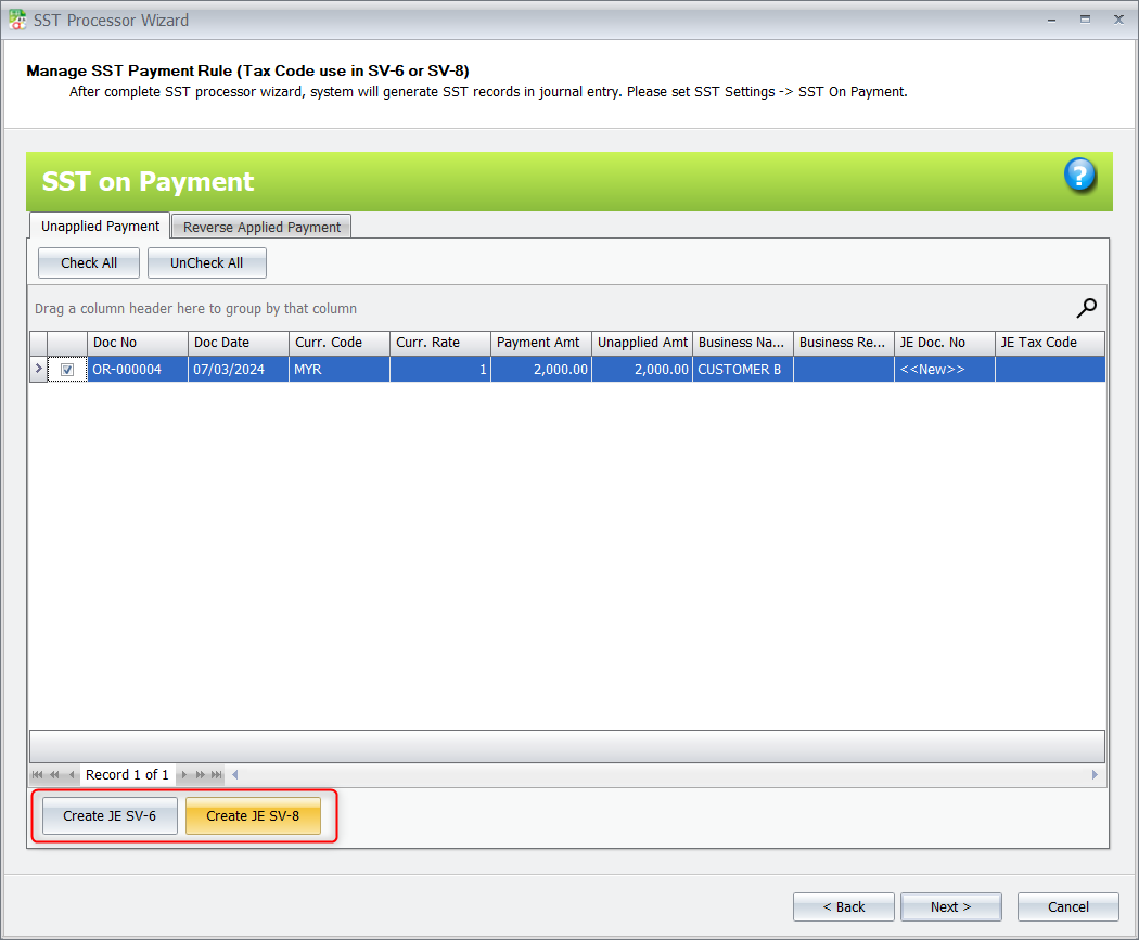 2.2 perform sst on payment by Create JE SV 6