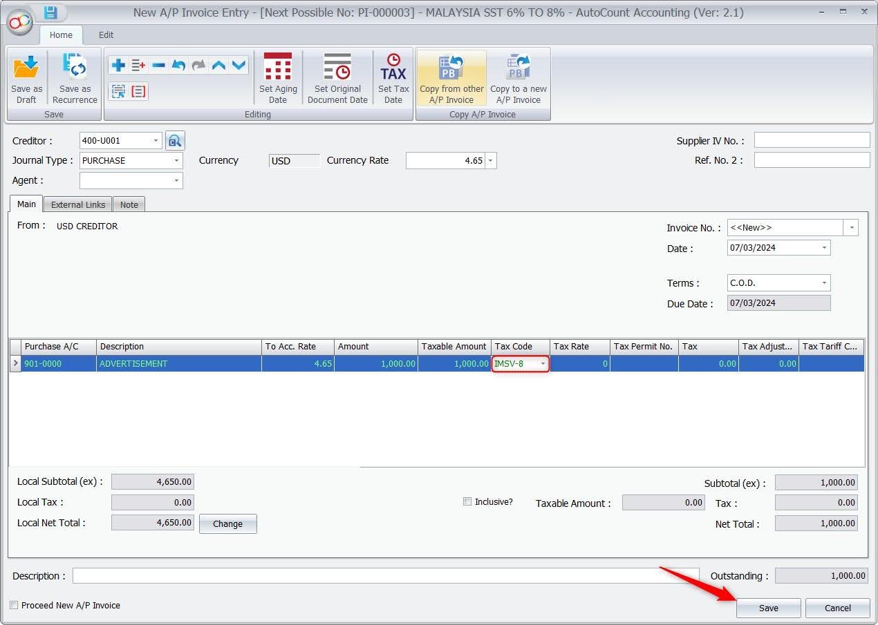 3.2. How to perform Imported Services for 8 by configure tax code and click save